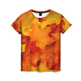 Женская футболка 3D с принтом Кленовые листья в Новосибирске, 100% полиэфир ( синтетическое хлопкоподобное полотно) | прямой крой, круглый вырез горловины, длина до линии бедер | дары осени | жёлтый | золотой | клён | краски | красный | красота | листва | листья | наряд | оранжевый | осень | покров | природа