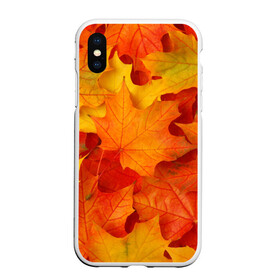 Чехол для iPhone XS Max матовый с принтом Кленовые листья в Новосибирске, Силикон | Область печати: задняя сторона чехла, без боковых панелей | дары осени | жёлтый | золотой | клён | краски | красный | красота | листва | листья | наряд | оранжевый | осень | покров | природа