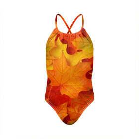 Детский купальник 3D с принтом Кленовые листья в Новосибирске, Полиэстер 85%, Спандекс 15% | Слитный крой, подклад по переду изделия, узкие бретели | дары осени | жёлтый | золотой | клён | краски | красный | красота | листва | листья | наряд | оранжевый | осень | покров | природа