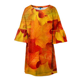 Детское платье 3D с принтом Кленовые листья в Новосибирске, 100% полиэстер | прямой силуэт, чуть расширенный к низу. Круглая горловина, на рукавах — воланы | Тематика изображения на принте: дары осени | жёлтый | золотой | клён | краски | красный | красота | листва | листья | наряд | оранжевый | осень | покров | природа