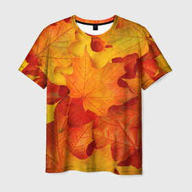 Мужская футболка 3D с принтом Кленовые листья в Новосибирске, 100% полиэфир | прямой крой, круглый вырез горловины, длина до линии бедер | дары осени | жёлтый | золотой | клён | краски | красный | красота | листва | листья | наряд | оранжевый | осень | покров | природа