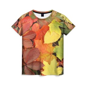 Женская футболка 3D с принтом Осенние листья в Новосибирске, 100% полиэфир ( синтетическое хлопкоподобное полотно) | прямой крой, круглый вырез горловины, длина до линии бедер | жёлтый | красный | листва | оранжевый | осень