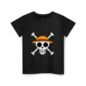 Детская футболка хлопок с принтом Весёлый Роджер Мугивар в Новосибирске, 100% хлопок | круглый вырез горловины, полуприлегающий силуэт, длина до линии бедер | Тематика изображения на принте: аниме | большой куш | ван пис | кости | луффи | мугивара | пираты | соломенная | череп | шляпа