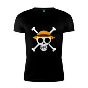 Мужская футболка премиум с принтом Весёлый Роджер Мугивар в Новосибирске, 92% хлопок, 8% лайкра | приталенный силуэт, круглый вырез ворота, длина до линии бедра, короткий рукав | аниме | большой куш | ван пис | кости | луффи | мугивара | пираты | соломенная | череп | шляпа
