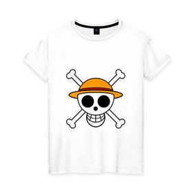 Женская футболка хлопок с принтом Весёлый Роджер Мугивар в Новосибирске, 100% хлопок | прямой крой, круглый вырез горловины, длина до линии бедер, слегка спущенное плечо | аниме | большой куш | ван пис | кости | луффи | мугивара | пираты | соломенная | череп | шляпа