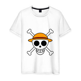 Мужская футболка хлопок с принтом Весёлый Роджер Мугивар в Новосибирске, 100% хлопок | прямой крой, круглый вырез горловины, длина до линии бедер, слегка спущенное плечо. | Тематика изображения на принте: аниме | большой куш | ван пис | кости | луффи | мугивара | пираты | соломенная | череп | шляпа