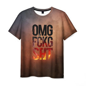 Мужская футболка 3D с принтом OMG FCKG SHT в Новосибирске, 100% полиэфир | прямой крой, круглый вырез горловины, длина до линии бедер | fire | omg | буквы | мат | огонь