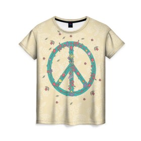 Женская футболка 3D с принтом Peace в Новосибирске, 100% полиэфир ( синтетическое хлопкоподобное полотно) | прямой крой, круглый вырез горловины, длина до линии бедер | peace | мир | пис | хиппи | цветы