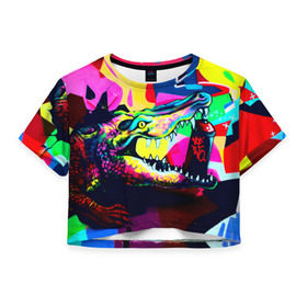 Женская футболка 3D укороченная с принтом Крокодил в Новосибирске, 100% полиэстер | круглая горловина, длина футболки до линии талии, рукава с отворотами | цветной | яркий
