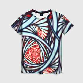 Женская футболка 3D с принтом Абстрактный узор в Новосибирске, 100% полиэфир ( синтетическое хлопкоподобное полотно) | прямой крой, круглый вырез горловины, длина до линии бедер | белый | калейдоскоп | красный | паттерн | спирали