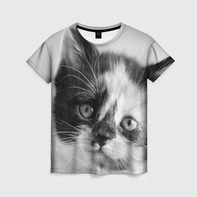 Женская футболка 3D с принтом Котенок в Новосибирске, 100% полиэфир ( синтетическое хлопкоподобное полотно) | прямой крой, круглый вырез горловины, длина до линии бедер | животные | кот | котенок | кошка | мордочка