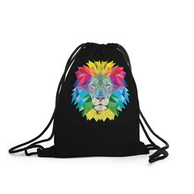 Рюкзак-мешок 3D с принтом Lion color в Новосибирске, 100% полиэстер | плотность ткани — 200 г/м2, размер — 35 х 45 см; лямки — толстые шнурки, застежка на шнуровке, без карманов и подкладки | Тематика изображения на принте: lion | голова животного | кот | кошка | лев | цвет