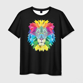 Мужская футболка 3D с принтом Lion color в Новосибирске, 100% полиэфир | прямой крой, круглый вырез горловины, длина до линии бедер | lion | голова животного | кот | кошка | лев | цвет