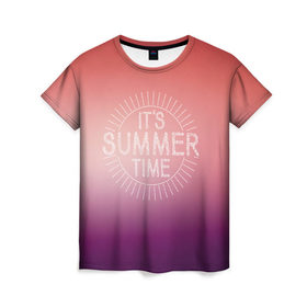 Женская футболка 3D с принтом IT`S SUMMER TIME в Новосибирске, 100% полиэфир ( синтетическое хлопкоподобное полотно) | прямой крой, круглый вырез горловины, длина до линии бедер | it s summer time | время | жара | красный | лето | розовый | солнце | тепло | фиолет | цвета | это время лето
