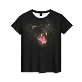 Женская футболка 3D с принтом Чёрный кот в Новосибирске, 100% полиэфир ( синтетическое хлопкоподобное полотно) | прямой крой, круглый вырез горловины, длина до линии бедер | Тематика изображения на принте: киска | кот | кошка