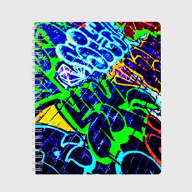Тетрадь с принтом Надписи в Новосибирске, 100% бумага | 48 листов, плотность листов — 60 г/м2, плотность картонной обложки — 250 г/м2. Листы скреплены сбоку удобной пружинной спиралью. Уголки страниц и обложки скругленные. Цвет линий — светло-серый
 | Тематика изображения на принте: буквы | кирпич | рисунок | стена | цветной | яркий