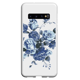 Чехол для Samsung Galaxy S10 с принтом Синие цветы в Новосибирске, Силикон | Область печати: задняя сторона чехла, без боковых панелей | Тематика изображения на принте: розы | синие розы | узор | цветы