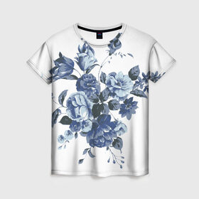 Женская футболка 3D с принтом Синие цветы в Новосибирске, 100% полиэфир ( синтетическое хлопкоподобное полотно) | прямой крой, круглый вырез горловины, длина до линии бедер | розы | синие розы | узор | цветы