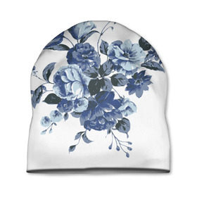 Шапка 3D с принтом Синие цветы в Новосибирске, 100% полиэстер | универсальный размер, печать по всей поверхности изделия | розы | синие розы | узор | цветы