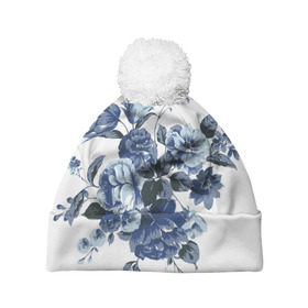 Шапка 3D c помпоном с принтом Синие цветы в Новосибирске, 100% полиэстер | универсальный размер, печать по всей поверхности изделия | Тематика изображения на принте: розы | синие розы | узор | цветы