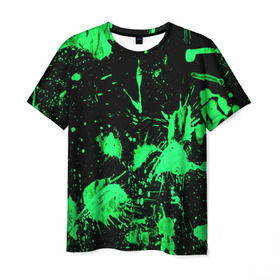 Мужская футболка 3D с принтом Брызги красок в Новосибирске, 100% полиэфир | прямой крой, круглый вырез горловины, длина до линии бедер | зеленый | кляксы | паттерн | черный