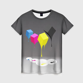 Женская футболка 3D с принтом Краски-кубики в Новосибирске, 100% полиэфир ( синтетическое хлопкоподобное полотно) | прямой крой, круглый вырез горловины, длина до линии бедер | жёлтый | краски | кубики | розовый | стекают | цвета | чёрный