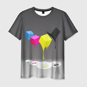 Мужская футболка 3D с принтом Краски-кубики в Новосибирске, 100% полиэфир | прямой крой, круглый вырез горловины, длина до линии бедер | жёлтый | краски | кубики | розовый | стекают | цвета | чёрный
