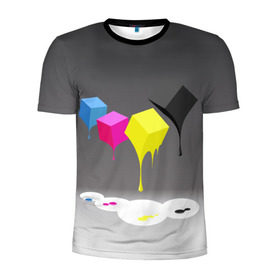 Мужская футболка 3D спортивная с принтом Краски-кубики в Новосибирске, 100% полиэстер с улучшенными характеристиками | приталенный силуэт, круглая горловина, широкие плечи, сужается к линии бедра | жёлтый | краски | кубики | розовый | стекают | цвета | чёрный