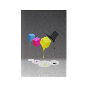 Обложка для паспорта матовая кожа с принтом Краски-кубики в Новосибирске, натуральная матовая кожа | размер 19,3 х 13,7 см; прозрачные пластиковые крепления | жёлтый | краски | кубики | розовый | стекают | цвета | чёрный