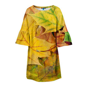 Детское платье 3D с принтом Осенние листья в Новосибирске, 100% полиэстер | прямой силуэт, чуть расширенный к низу. Круглая горловина, на рукавах — воланы | Тематика изображения на принте: жёлтый | зелёный | клён | листва