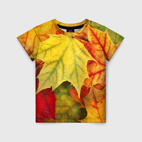 Детская футболка 3D с принтом Кленовые листья в Новосибирске, 100% гипоаллергенный полиэфир | прямой крой, круглый вырез горловины, длина до линии бедер, чуть спущенное плечо, ткань немного тянется | жёлтый | зелёный | красный | листва | оранжевый | осень