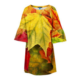 Детское платье 3D с принтом Кленовые листья в Новосибирске, 100% полиэстер | прямой силуэт, чуть расширенный к низу. Круглая горловина, на рукавах — воланы | Тематика изображения на принте: жёлтый | зелёный | красный | листва | оранжевый | осень