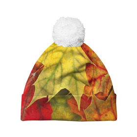 Шапка 3D c помпоном с принтом Кленовые листья в Новосибирске, 100% полиэстер | универсальный размер, печать по всей поверхности изделия | жёлтый | зелёный | красный | листва | оранжевый | осень