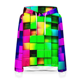 Женская толстовка 3D с принтом Кубики в Новосибирске, 100% полиэстер  | двухслойный капюшон со шнурком для регулировки, мягкие манжеты на рукавах и по низу толстовки, спереди карман-кенгуру с мягким внутренним слоем. | радуга | разноцветный. квадраты | текстура