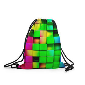 Рюкзак-мешок 3D с принтом Кубики в Новосибирске, 100% полиэстер | плотность ткани — 200 г/м2, размер — 35 х 45 см; лямки — толстые шнурки, застежка на шнуровке, без карманов и подкладки | радуга | разноцветный. квадраты | текстура