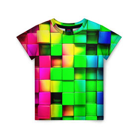 Детская футболка 3D с принтом Кубики в Новосибирске, 100% гипоаллергенный полиэфир | прямой крой, круглый вырез горловины, длина до линии бедер, чуть спущенное плечо, ткань немного тянется | радуга | разноцветный. квадраты | текстура