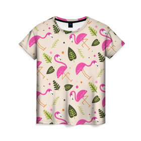 Женская футболка 3D с принтом Фламинго в Новосибирске, 100% полиэфир ( синтетическое хлопкоподобное полотно) | прямой крой, круглый вырез горловины, длина до линии бедер | абстракция | арт | листья | фламинго | хипстеры