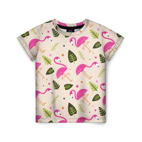 Детская футболка 3D с принтом Фламинго в Новосибирске, 100% гипоаллергенный полиэфир | прямой крой, круглый вырез горловины, длина до линии бедер, чуть спущенное плечо, ткань немного тянется | Тематика изображения на принте: абстракция | арт | листья | фламинго | хипстеры