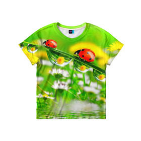 Детская футболка 3D с принтом Макро в Новосибирске, 100% гипоаллергенный полиэфир | прямой крой, круглый вырез горловины, длина до линии бедер, чуть спущенное плечо, ткань немного тянется | божья коровка | насекомые | одуванчик | природа | цветы
