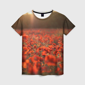 Женская футболка 3D с принтом Маки в Новосибирске, 100% полиэфир ( синтетическое хлопкоподобное полотно) | прямой крой, круглый вырез горловины, длина до линии бедер | мак | цветы | цветы мака