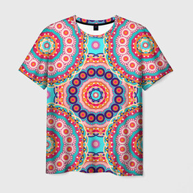 Мужская футболка 3D с принтом Узор круги в Новосибирске, 100% полиэфир | прямой крой, круглый вырез горловины, длина до линии бедер |   | абстракт | абстракция | круги | павлопасадские платки | платки | рисунок | роспись | узор