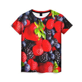 Женская футболка 3D с принтом Ягоды в Новосибирске, 100% полиэфир ( синтетическое хлопкоподобное полотно) | прямой крой, круглый вырез горловины, длина до линии бедер | ежевика | клубника | малина | черника | ягода | ягодка