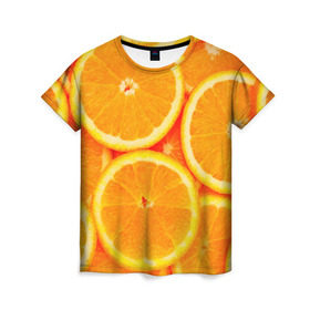 Женская футболка 3D с принтом Апельсины в Новосибирске, 100% полиэфир ( синтетическое хлопкоподобное полотно) | прямой крой, круглый вырез горловины, длина до линии бедер | апельсин | долька | цитрус