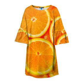 Детское платье 3D с принтом Апельсины в Новосибирске, 100% полиэстер | прямой силуэт, чуть расширенный к низу. Круглая горловина, на рукавах — воланы | Тематика изображения на принте: апельсин | долька | цитрус