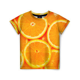 Детская футболка 3D с принтом Апельсины в Новосибирске, 100% гипоаллергенный полиэфир | прямой крой, круглый вырез горловины, длина до линии бедер, чуть спущенное плечо, ткань немного тянется | апельсин | долька | цитрус