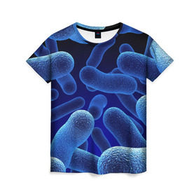 Женская футболка 3D с принтом Молекула в Новосибирске, 100% полиэфир ( синтетическое хлопкоподобное полотно) | прямой крой, круглый вырез горловины, длина до линии бедер | медицина | микроб | молекула | синяя