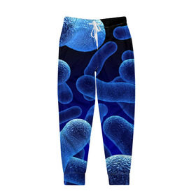 Мужские брюки 3D с принтом Молекула в Новосибирске, 100% полиэстер | манжеты по низу, эластичный пояс регулируется шнурком, по бокам два кармана без застежек, внутренняя часть кармана из мелкой сетки | Тематика изображения на принте: медицина | микроб | молекула | синяя