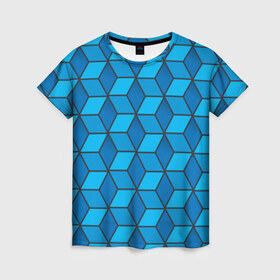 Женская футболка 3D с принтом Blue cube в Новосибирске, 100% полиэфир ( синтетическое хлопкоподобное полотно) | прямой крой, круглый вырез горловины, длина до линии бедер | кубы | паттерн | синий