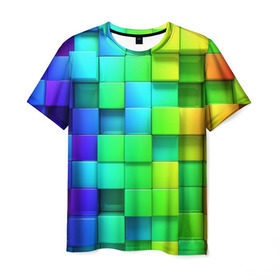 Мужская футболка 3D с принтом Кубики в Новосибирске, 100% полиэфир | прямой крой, круглый вырез горловины, длина до линии бедер | квадраты | кубики | радуга | разноцветные