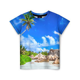 Детская футболка 3D с принтом Сейшельские острова в Новосибирске, 100% гипоаллергенный полиэфир | прямой крой, круглый вырез горловины, длина до линии бедер, чуть спущенное плечо, ткань немного тянется | seychelles | восточная африка | индийский океан | каникулы | море | островное государство | отдых | отпуск | пальмы | песок | пляж | приключение | путешествие | рай | сейшелы | сейшельские острова | туризм